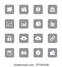 gray flat finance and technology icon set 4 on gray rounded rectangle for web design, user interface (UI), infographic and mobile application (apps)