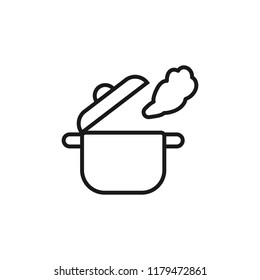 gray flat line vector icon for bowl with hot steaming soup on white background.