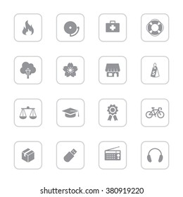 gray flat miscellaneous icon set 6 with rounded rectangle frame for web design, user interface (UI), infographic and mobile application (apps)