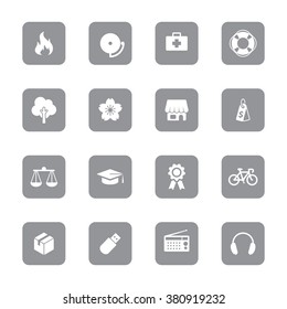 gray flat miscellaneous icon set 6 on rounded rectangle for web design, user interface (UI), infographic and mobile application (apps)