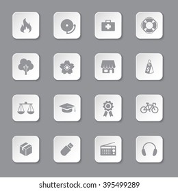 gray flat safety and miscellaneous icon set on rounded rectangle button for web design, user interface (UI), infographic and mobile application (apps)