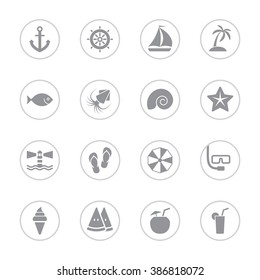 gray flat summer icon set 9 with circle frame for web design, user interface (UI), infographic and mobile application (apps)