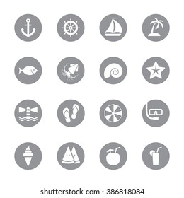 gray flat summer icon set on circle for web design, user interface (UI), infographic and mobile application (apps)