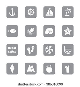 gray flat summer icon set on rounded rectangle for web design, user interface (UI), infographic and mobile application (apps)