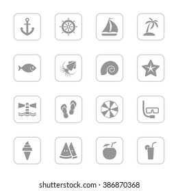 gray flat summer icon set 9 with rounded rectangle frame for web design, user interface (UI), infographic and mobile application (apps)