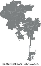 Gray flat vector administrative map of LOS ANGELES CITY COUNCILS, UNITED STATES with white border lines of its cities