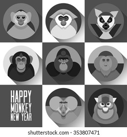 Gray flat vector Happy Monkey New Year face set, a symbol of the 2016 new year, various primates, marmoset, lemur, chimpanzees, gorilla, snub-nosed Chinese monkey, baboon, orangutan. New Year card