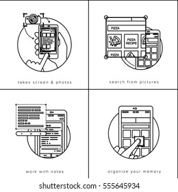 Gray Flat vector illustration infographics with phone and hand. Use your phone to the maximum: take screen and photos, search from pictures, work with notes, organize your memory.