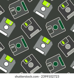 Gray Floppy disk for computer data storage icon seamless pattern background. Vintage technic style background.