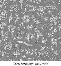 Gray floral background. Vector floral Seamless pattern. Hand Drawn Doodles Flowers and Leaves.