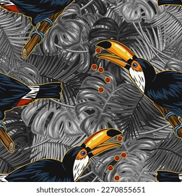 Patrón floral gris con pájaro tocano colorido. Pájaro sentado en una rama de árbol comiendo semillas. Ilustración detallada en estilo vintage para impresiones, ropa, diseño de camisetas hawaianas