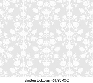 Gray floral seamless background. White floral ornament in vintage style.