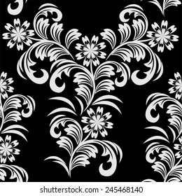 Gray floral seamless Pattern on black. 