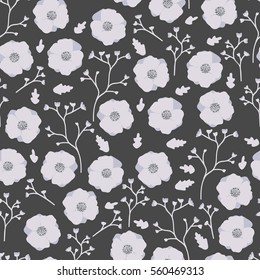 Gray flowers on a black background. Vector floral  seamless pattern. 