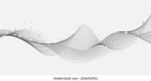 Gray flowing lines wavy on white Background with pearls on it. Elegant abstract smooth Modern futuristic soft lines with pearl rolling over, vector illustration