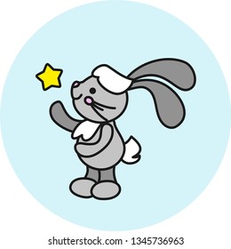 A gray fluffy bunny catches an asterisk with its paw. Baby vector illustration. Cute eared rabbit on a blue background. Catch a star.