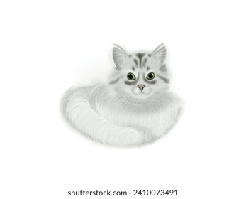 gray fluffy cute cat vector illustration. cat sitting on the ground hugging its tail