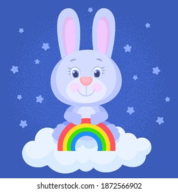 Gray fluffy pink-nosed rabbit, standing on a cloud, held up over a rainbow, with the starry sky in the background