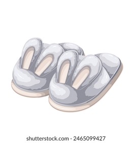 Zapatillas mullidas grises con orejas de conejito de dibujos animados. Divertidas zapatillas de cabeza de conejo de Pascua con piel suave, mascota accesoria de fiesta de pijama, par de dibujos animados de zapatos de casa caliente peludos lindos Ilustración vectorial