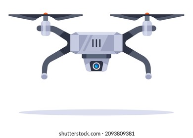 gray flying drone with a video camera on the body. flat vector illustration.