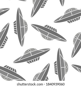 Gray flying saucers isolated on white background. Ufo seamless pattern. Vector flat graphic illustration. Texture.