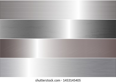 Gray foil scratched metallic texture vector icon set for banner, ribbon, label. Grunge gradient background collection