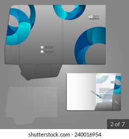 Gray folder template design for company with blue circles. Element of stationery.
