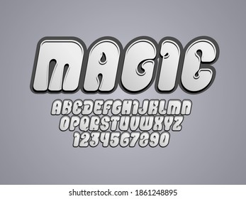 Gray font, bold alphabet in the cartoon style, italic letters from A to Z and numbers from 0 to 9 for you designs: logo, t-shirt, love card, poster, and more, vector illustration 10EPS