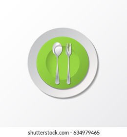 Gray fork and spoon with gray and green plate