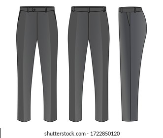 Gray Formal Trousers Template on White Background. Front, Back and Side Views, Vector File.