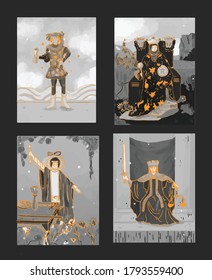 gray four tarot card vector with orange line 