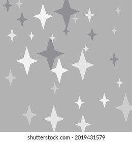 Gray Four-pointed Mystery Chaotic Winter Ornament. Grey Dark Black Christmas Night Wallpaper. White Magic Cozy New Year Sky Composition. Holiday Monochrome Silver Print Stars Illustration.