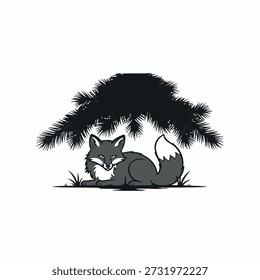 Gray fox resting under dark pine tree branches on white background animal wild nature