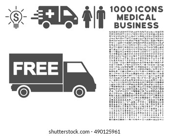 Gray Free Shipment icon with 1000 medical business vector design elements. Set style is flat symbols, gray color, white background.