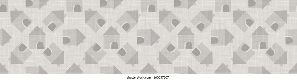 Gray french country style linen vector texture border background. Printed with little cottage house. Natural ecru fibre seamless border pattern. Organic yarn close up woven fabric ribbon trim edge.