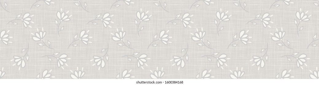 Gray french country style linen texture border background. Printed with white daisy flower. Natural ecru fibre stem bloom seamless border pattern. Classic yarn close up weave texture ribbon trim edge