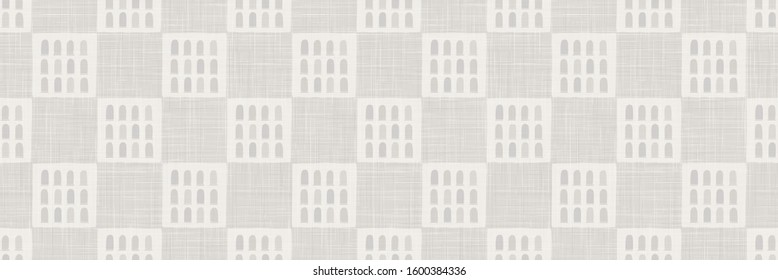 Gray french country style linen vector texture border background. Printed with window facade. Natural ecru fibre seamless border pattern. Organic yarn close up woven fabric ribbon trim edge.