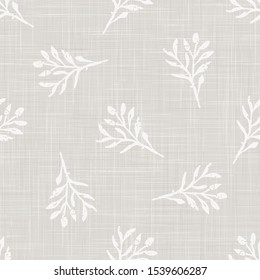 Gray French Linen Texture Background printed with White Winter Leaves. Natural Unbleached Ecru Flax Fibre Seamless Pattern. Organic Close Up Weave Fabric for Wallpaper,Festive Packaging, Vector EPS10
