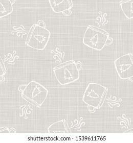 Gray French Linen Texture Background printed with  Hot Drink Festive  Mug. Natural Unbleached Ecru Fibre Christmas Seamless Pattern. Organic Close Up Weave Fabric for Festive Packaging, Vector EPS10