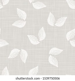 Gray French Linen Texture Background printed with White Falling Leaves. Natural Unbleached Ecru Flax Fibre Seamless Pattern. Organic Close Up Weave Fabric for Wallpaper, Cloth Packaging, Vector EPS10