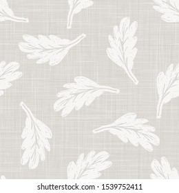 Gray French Linen Texture Background printed with White Falling Leaves. Natural Unbleached Ecru Flax Fibre Seamless Pattern. Organic Close Up Weave Fabric for Wallpaper, Cloth Packaging, Vector EPS10
