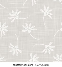 Gray French Linen Texture Background printed with White Daisy Flower. Natural Ecru Flax Fibre Seamless Pattern. Organic Yarn Close Up Weave Fabric for Wallpaper, Cloth Packaging. Vector EPS10
