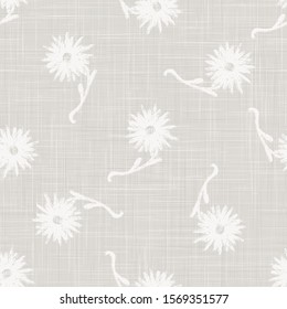 Gray French Linen Texture Background printed with White Daisy Flower. Natural Ecru Flax Fibre Seamless Pattern. Organic Yarn Close Up Weave Fabric for Wallpaper, Cloth Packaging. Vector EPS10