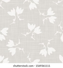Gray French Linen Texture Background printed with White Tulip Daisy Flower. Natural Ecru Flax Fibre Seamless Pattern. Organic Yarn Close Up Weave Fabric for Wallpaper, Cloth Packaging. Vector EPS10