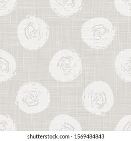 Gray French Linen Texture Background printed with White Rustic Drawn Polka Dot Circle. Natural Ecru Flax Fibre Seamless Pattern. Organic Yarn Close Up Weave Fabric for Wallpaper Cloth. Vector EPS10