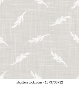 Gray French Linen Texture Background printed with White Falling Leaves. Natural Unbleached Ecru Flax Fibre Seamless Pattern. Organic Close Up Weave Fabric for Wallpaper, Cloth Packaging, Vector EPS10