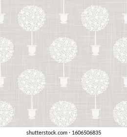 Gray french linen texture background printed with white topiary tree. Natural ecru summer country style seamless pattern. Organic yarn close up woven fabric wallpaper, vintage homespun textile decor.