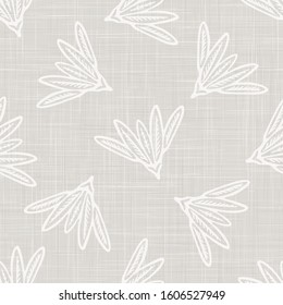 Gray french linen texture background printed with white daisy flourish. Natural ecru summer country style seamless pattern. Organic yarn close up woven leaf wallpaper, vintage homespun textile decor.
