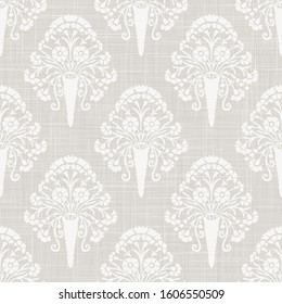 Gray french linen texture background printed with white carnation motif. Natural ecru antique medallion seamless pattern. Ornamental pink foulard paisley wallpaper, vintage homespun textile damask.