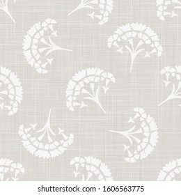 Gray french linen texture background printed with white carnation motif. Natural ecru antique medallion seamless pattern. Organic woven leaf foulard paisley wallpaper, vintage homespun textile decor.